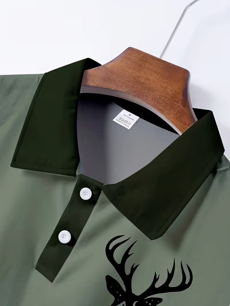 Men's Deer Head Print Camouflage Patchwork Polo Shirt
