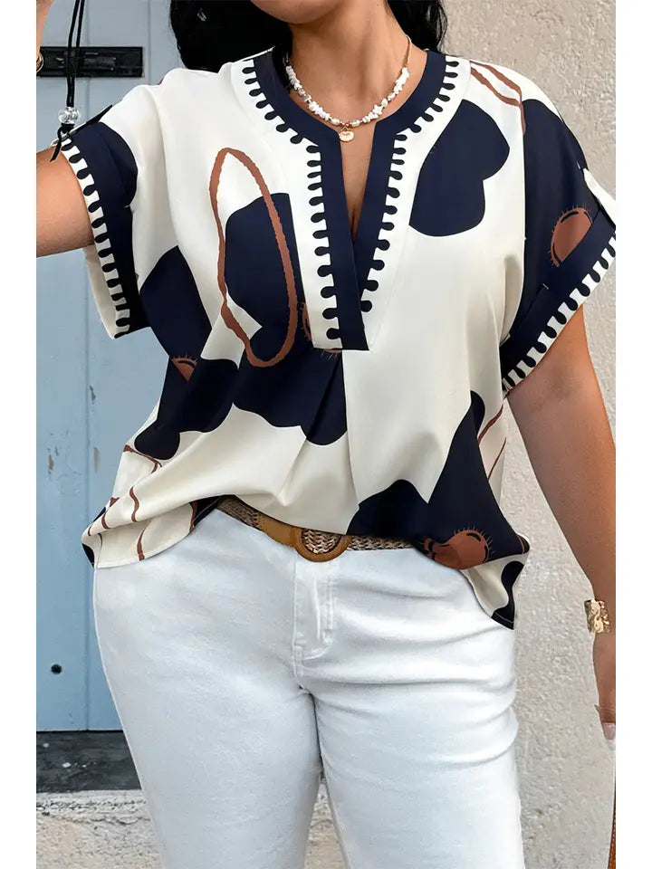 Plus Size Notch V Neck Floral Short Sleeve Shirt