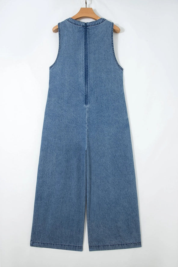 PRETTY BASH Acid Wash Denim Pleated Tie Jumpsuit