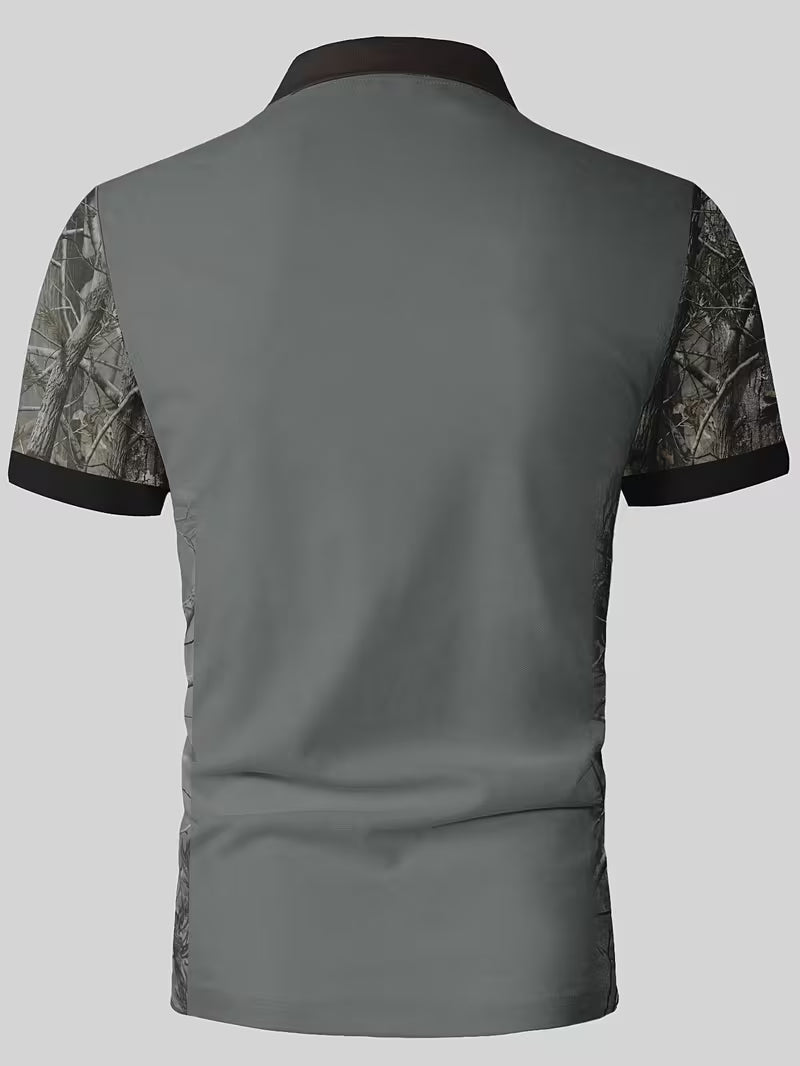 Men's Deer Head Print Camouflage Patchwork Polo Shirt