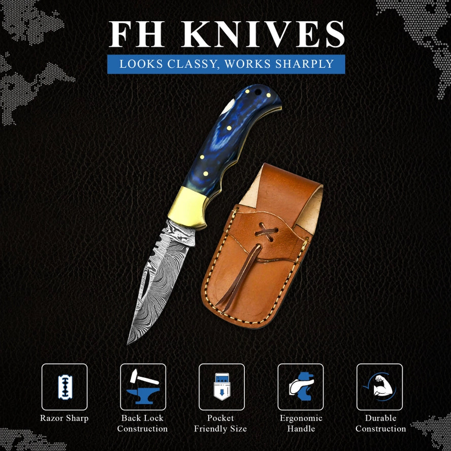 6.5' Handmade Damascus Folding Knife, Pocket Knife