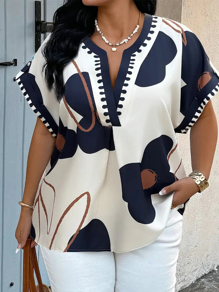Plus Size Notch V Neck Floral Short Sleeve Shirt