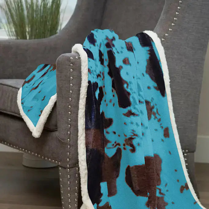 Turquoise Cowhide Sherpa Throw Blanket