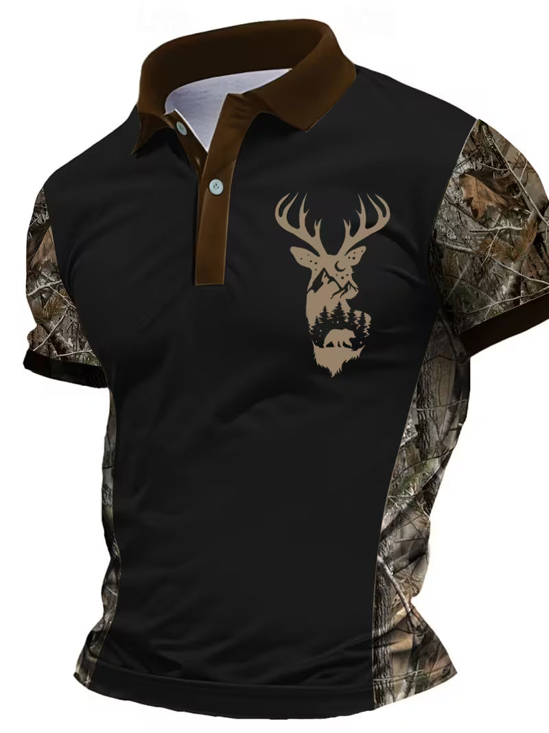 Men's Deer Head Print Camouflage Patchwork Polo Shirt