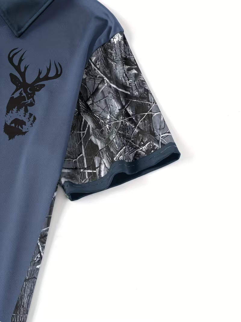 Men's Deer Head Print Camouflage Patchwork Polo Shirt