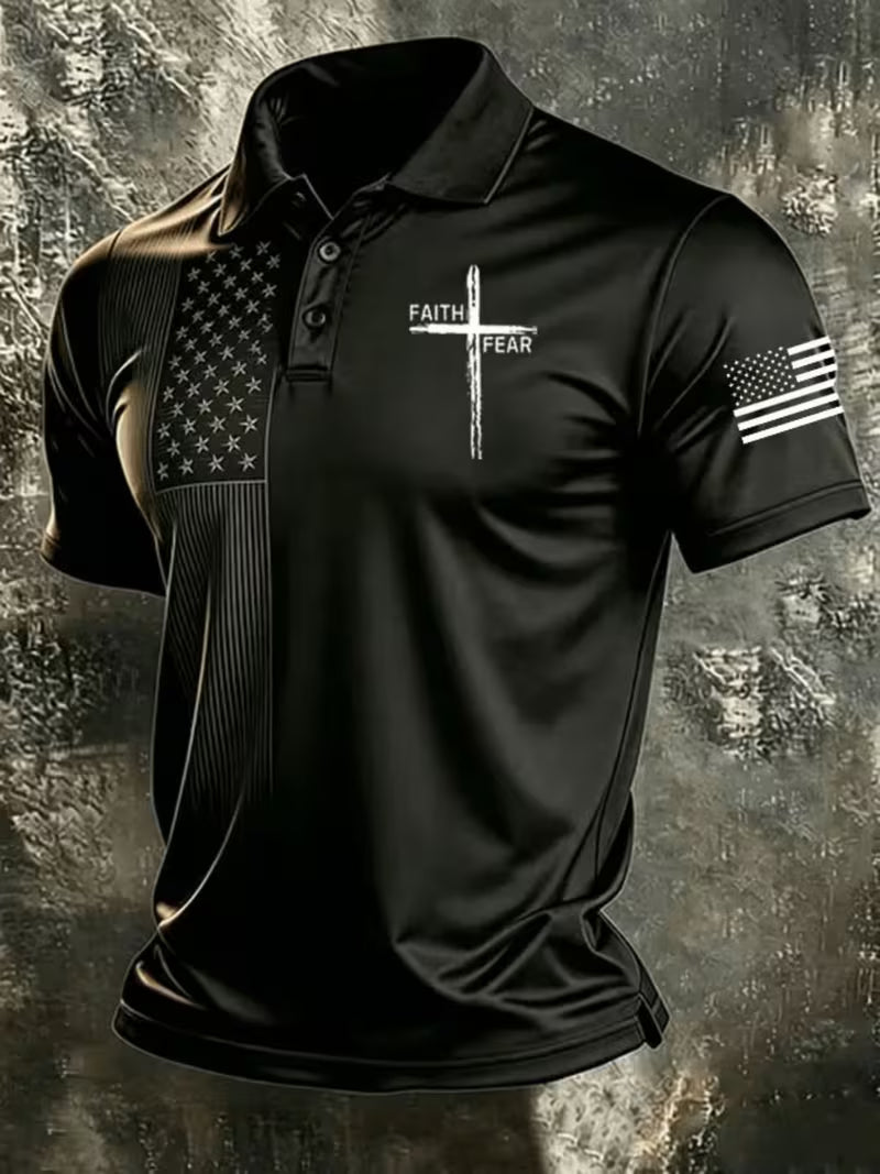 Men's Polo Shirt with faith Cross and flag sleeve