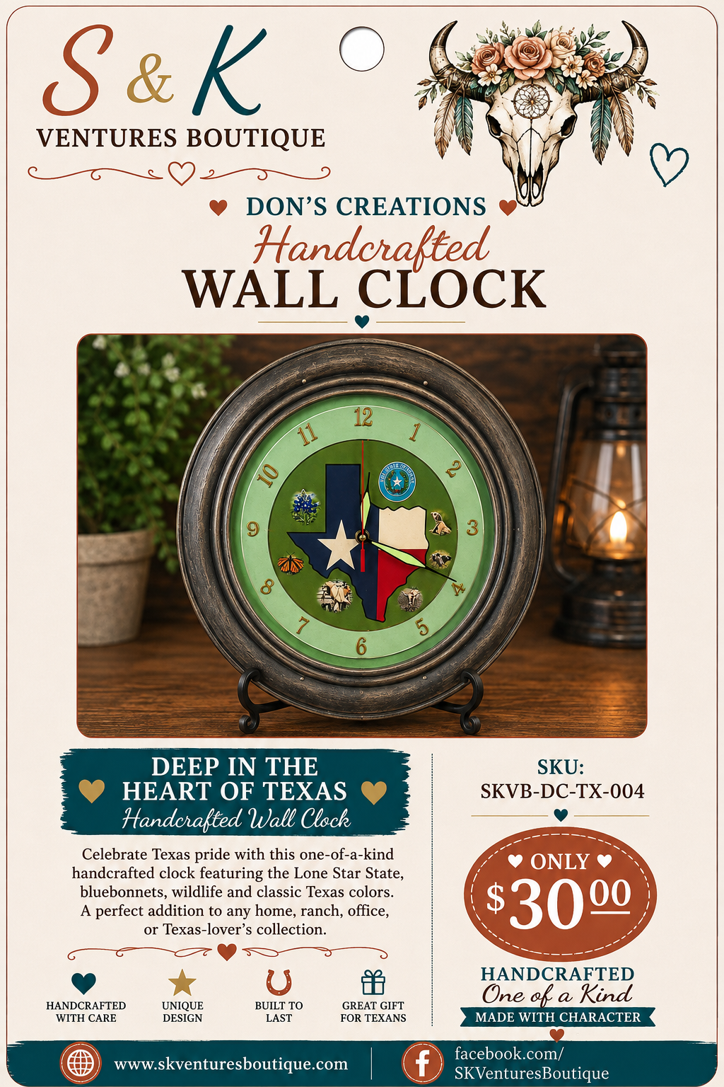 Deep in the Heart of Texas Handcrafted Wall Clock