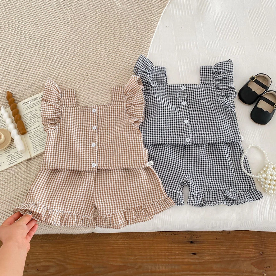 Mykids-Usa Summer Girls Plaid Shirt and Shorts Clothing Set