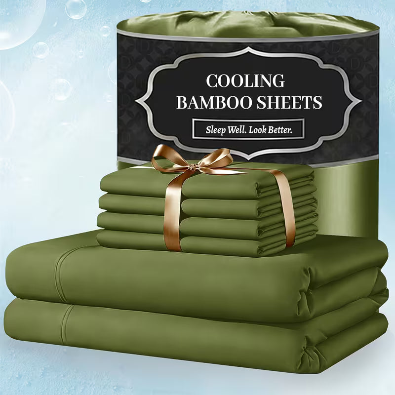 Extra Deep Pocket Bamboo Sheets - 4/6pcs Breathable & Cooling Bamboo Bed Sheet Set, Hotel Luxury Fitted Sheet Set, Soft Wrinkle-Free for Extra Deep Mattresses, Room Decor, Twin/Full/Queen/King Size Sheet & Pillowcase Sets