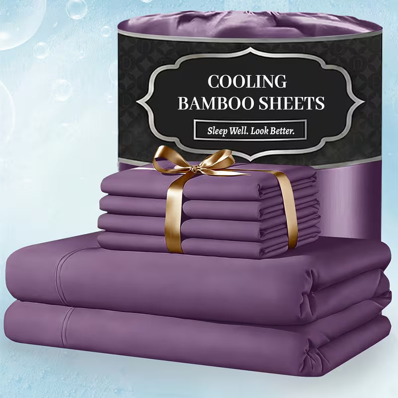 Extra Deep Pocket Bamboo Sheets - 4/6pcs Breathable & Cooling Bamboo Bed Sheet Set, Hotel Luxury Fitted Sheet Set, Soft Wrinkle-Free for Extra Deep Mattresses, Room Decor, Twin/Full/Queen/King Size Sheet & Pillowcase Sets