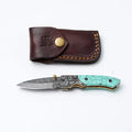 Turquoise Damascus Folding Knife – Hand Engraved Bolster Edition