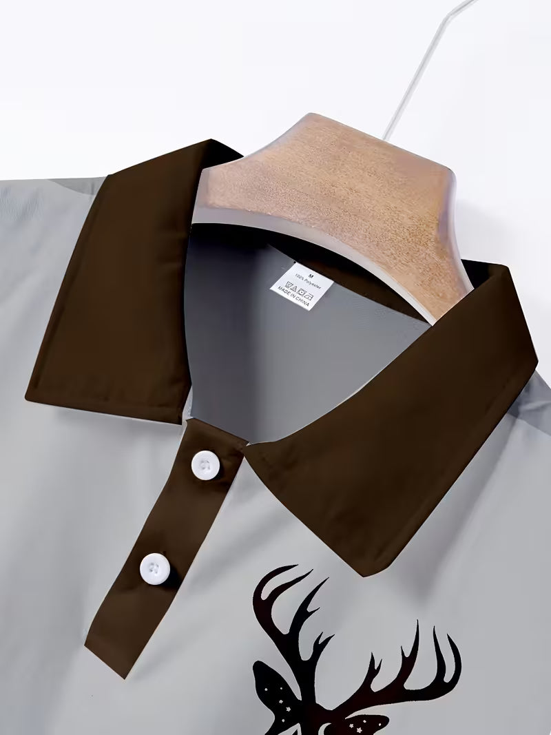 Men's Deer Head Print Camouflage Patchwork Polo Shirt