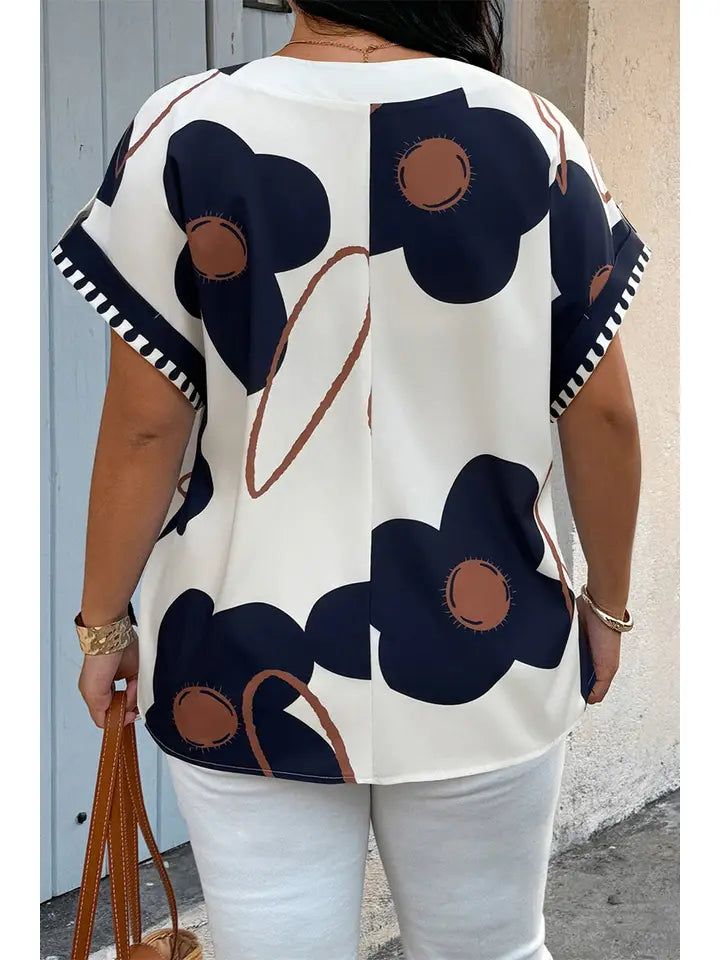 Plus Size Notch V Neck Floral Short Sleeve Shirt