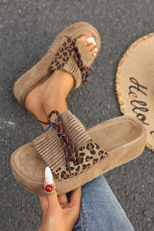 Leopard Faux Suede Slashed Lace-Up Detail Platform Slippers