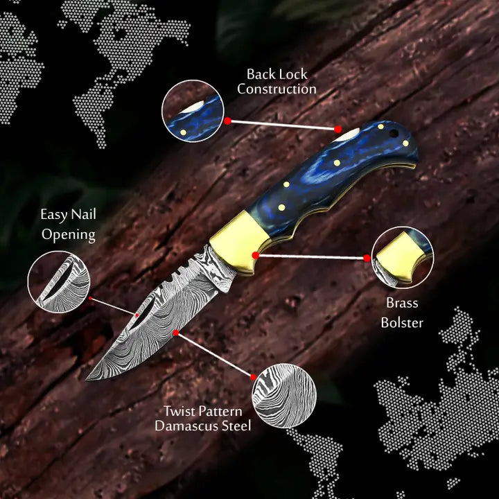 6.5' Handmade Damascus Folding Knife, Pocket Knife