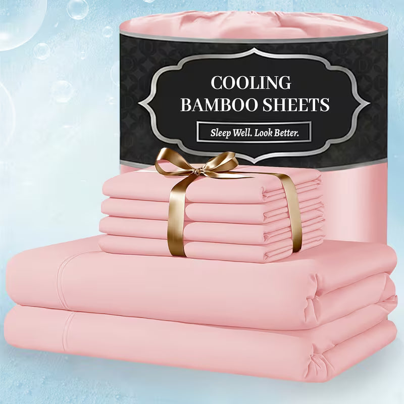 Extra Deep Pocket Bamboo Sheets - 4/6pcs Breathable & Cooling Bamboo Bed Sheet Set, Hotel Luxury Fitted Sheet Set, Soft Wrinkle-Free for Extra Deep Mattresses, Room Decor, Twin/Full/Queen/King Size Sheet & Pillowcase Sets