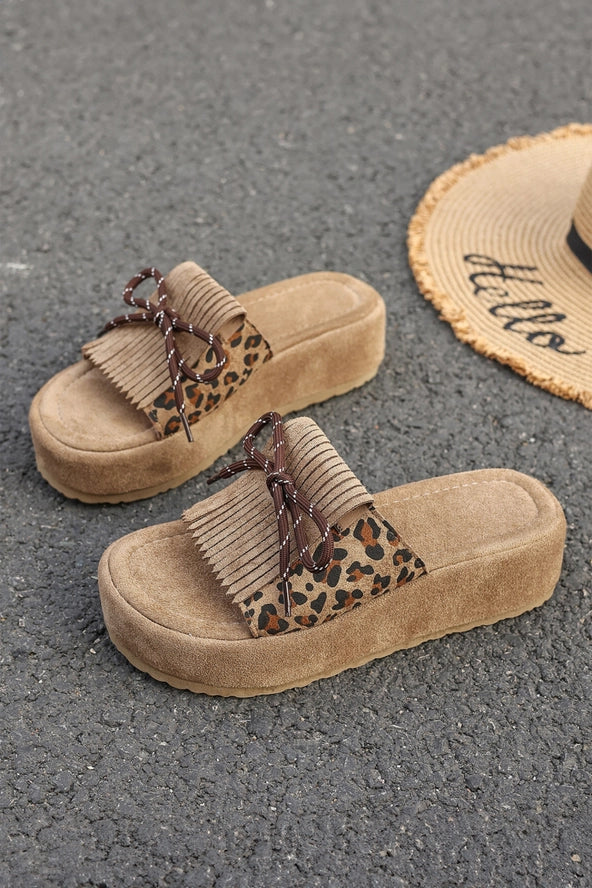 Leopard Faux Suede Slashed Lace-Up Detail Platform Slippers
