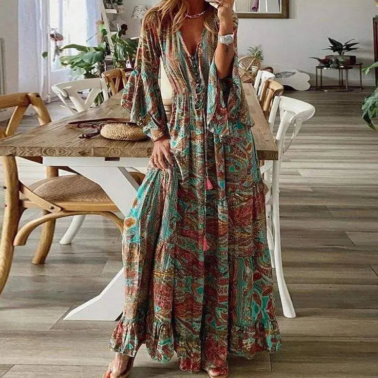 Summer V Neck Button Beach Holiday Dress