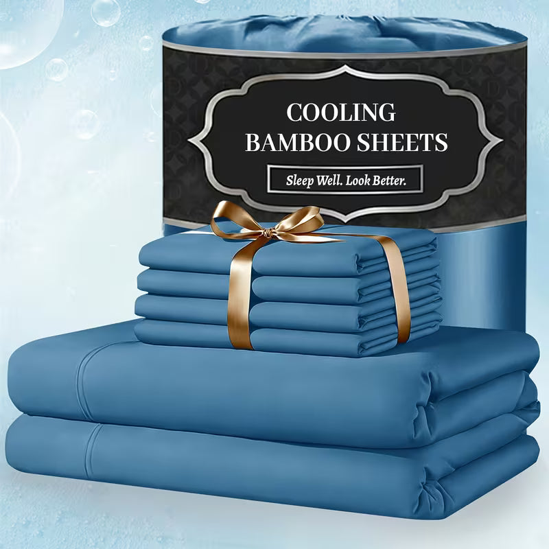 Extra Deep Pocket Bamboo Sheets - 4/6pcs Breathable & Cooling Bamboo Bed Sheet Set, Hotel Luxury Fitted Sheet Set, Soft Wrinkle-Free for Extra Deep Mattresses, Room Decor, Twin/Full/Queen/King Size Sheet & Pillowcase Sets