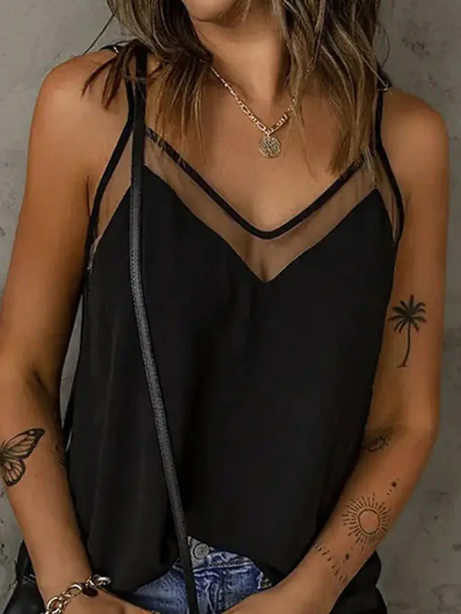 Summer Plain V Neck Mesh Splicing Tank Top