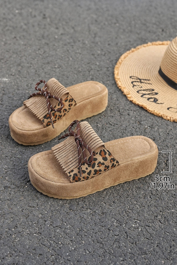 Leopard Faux Suede Slashed Lace-Up Detail Platform Slippers