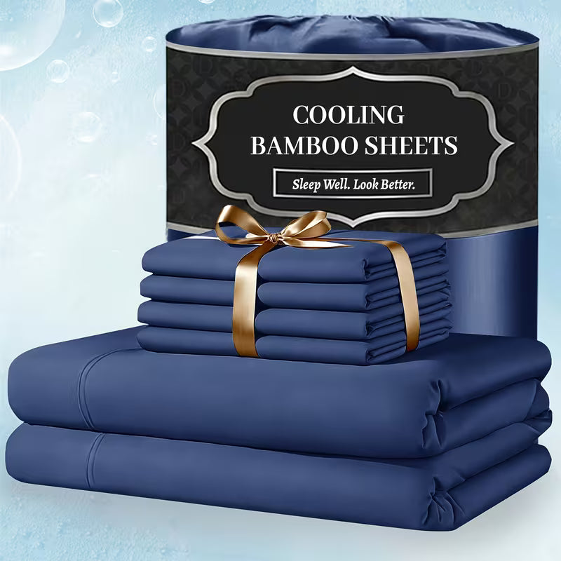 Extra Deep Pocket Bamboo Sheets - 4/6pcs Breathable & Cooling Bamboo Bed Sheet Set, Hotel Luxury Fitted Sheet Set, Soft Wrinkle-Free for Extra Deep Mattresses, Room Decor, Twin/Full/Queen/King Size Sheet & Pillowcase Sets
