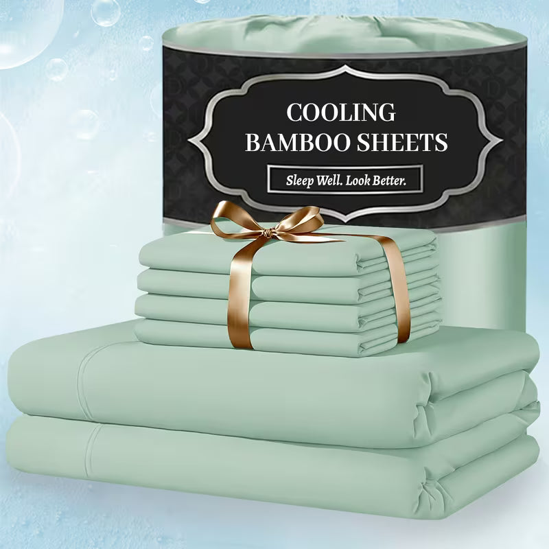 Extra Deep Pocket Bamboo Sheets - 4/6pcs Breathable & Cooling Bamboo Bed Sheet Set, Hotel Luxury Fitted Sheet Set, Soft Wrinkle-Free for Extra Deep Mattresses, Room Decor, Twin/Full/Queen/King Size Sheet & Pillowcase Sets