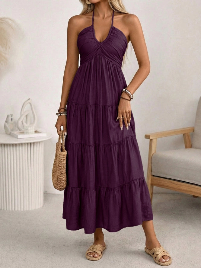 Women’S Halter V Neck Tiered Maxi Dress Backless