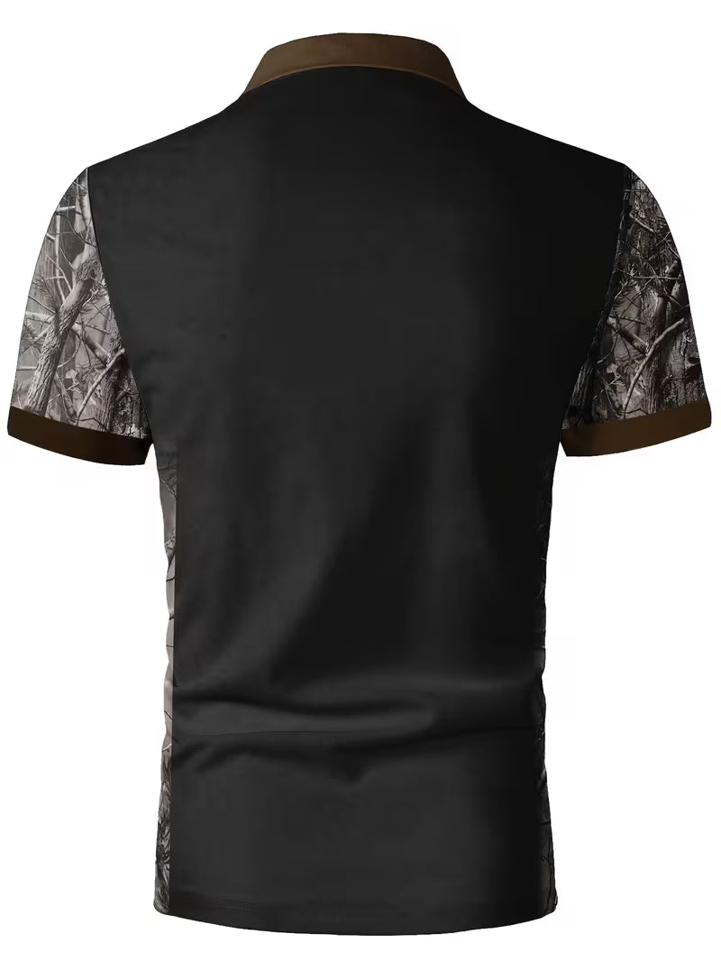 Men's Deer Head Print Camouflage Patchwork Polo Shirt