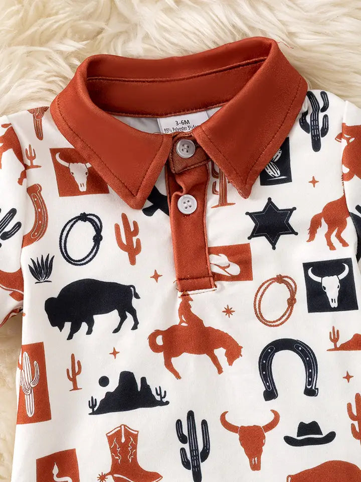 Ivory Multi-Printed Western Baby Romper with Snaps