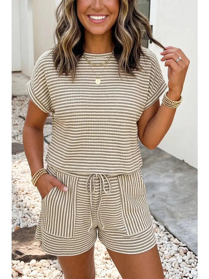 Ldc Stripe Breathable Textured Knit Short 2pcs Set
