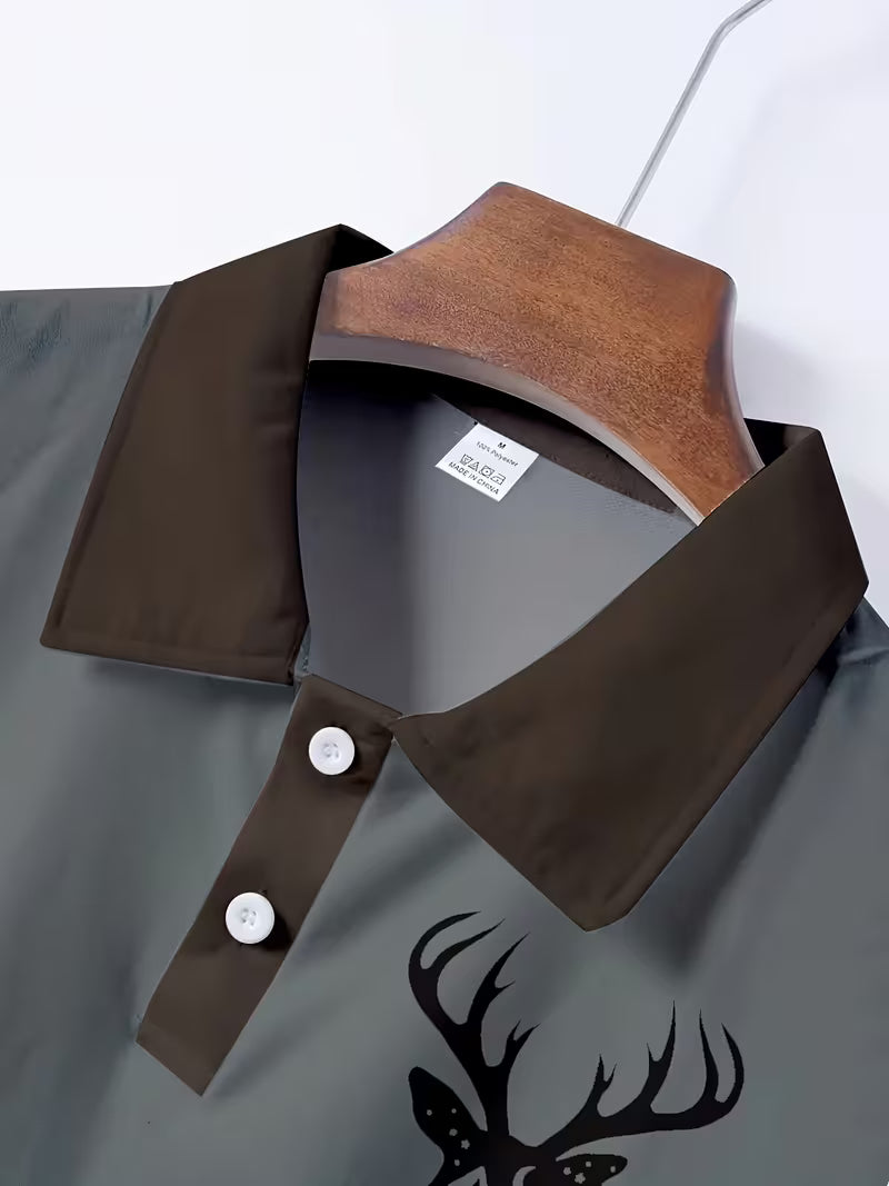Men's Deer Head Print Camouflage Patchwork Polo Shirt