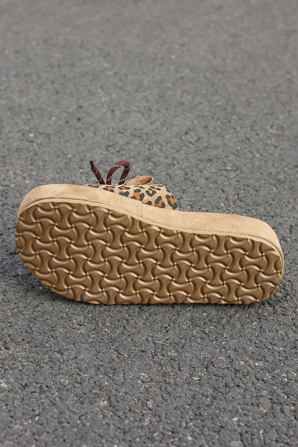 Leopard Faux Suede Slashed Lace-Up Detail Platform Slippers