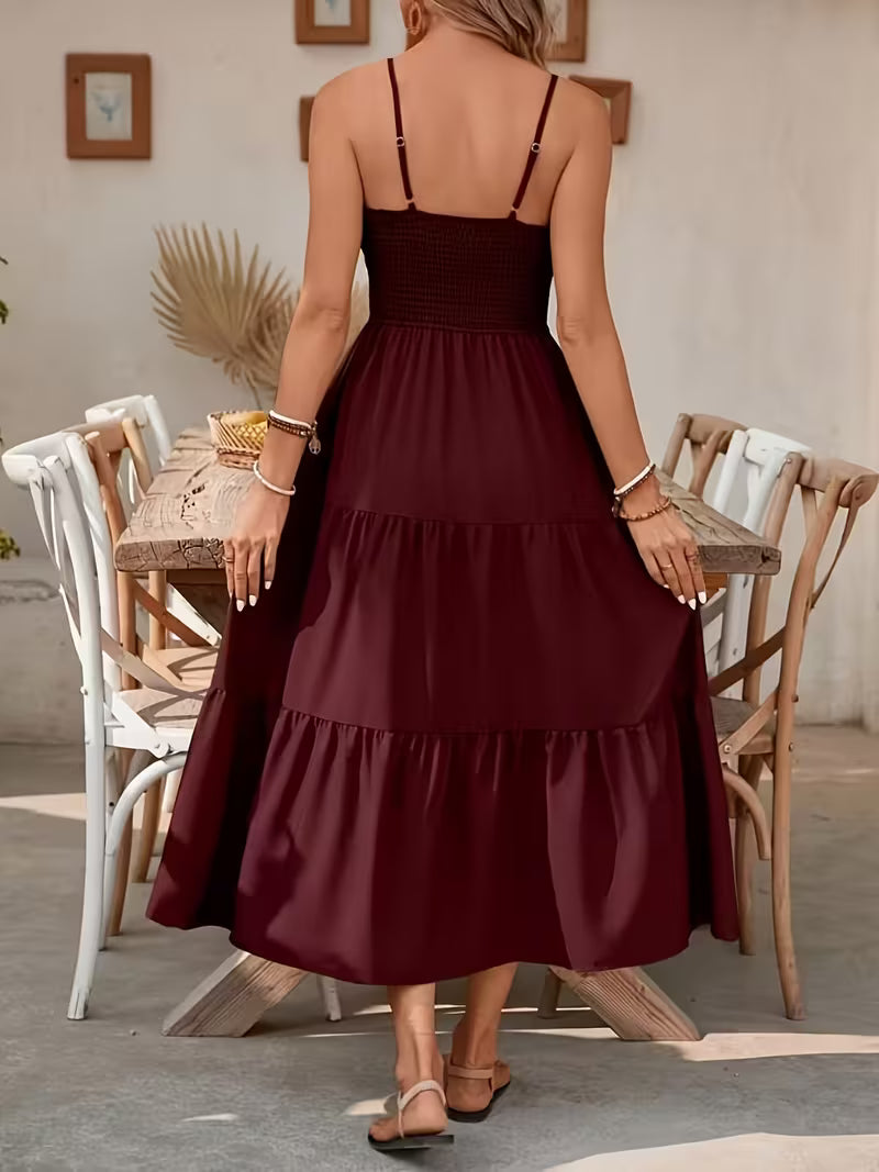 Halter Layered Waist-cinching Solid Color Fitted Dress