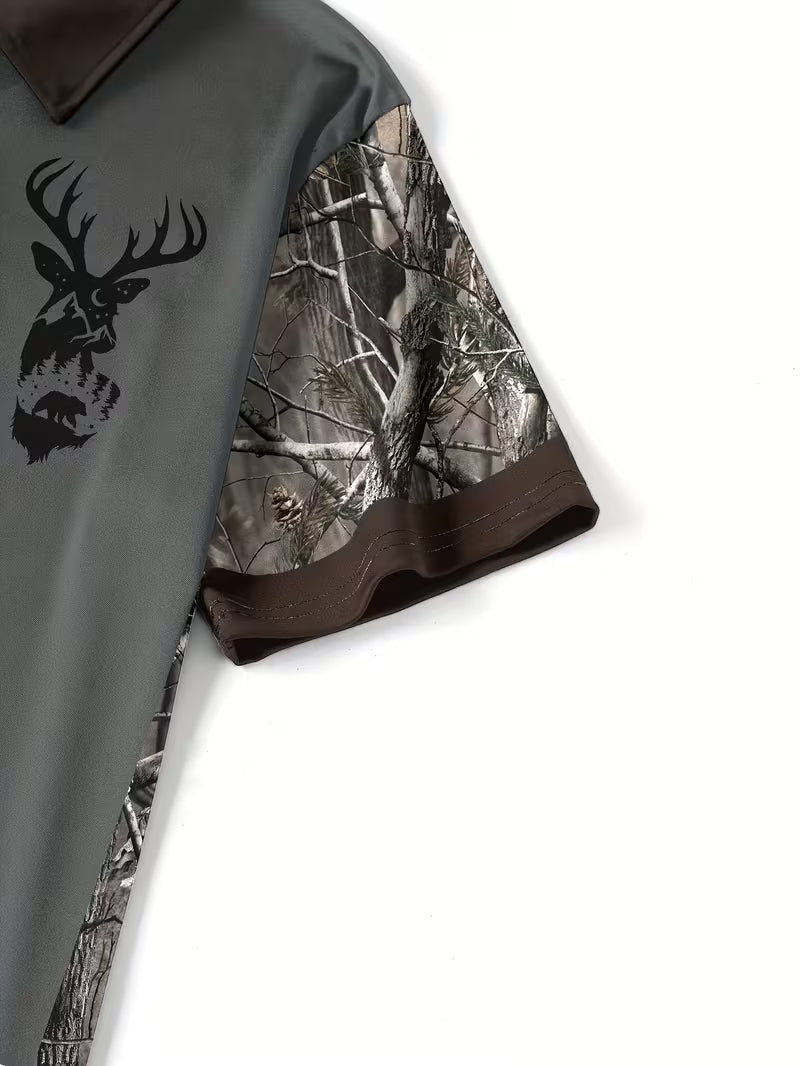 Men's Deer Head Print Camouflage Patchwork Polo Shirt