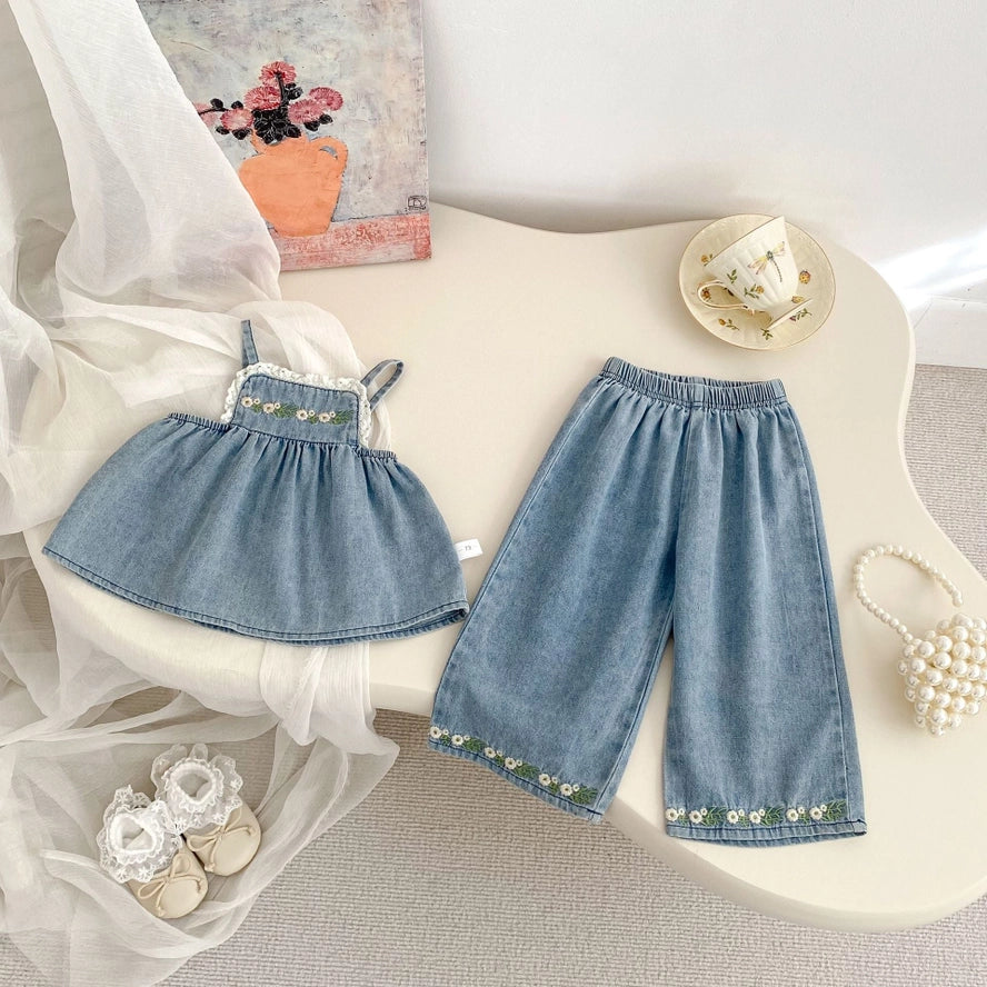Summer Baby Kids Girls Flowers Pattern Embroidered Sleeveless Top and Pants Denim Clothing
