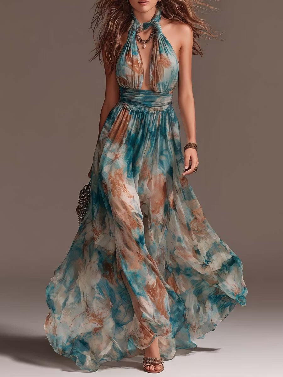 Women's Halter Neck Backless Ink Print Maxi Dress | Vacation Long Dress