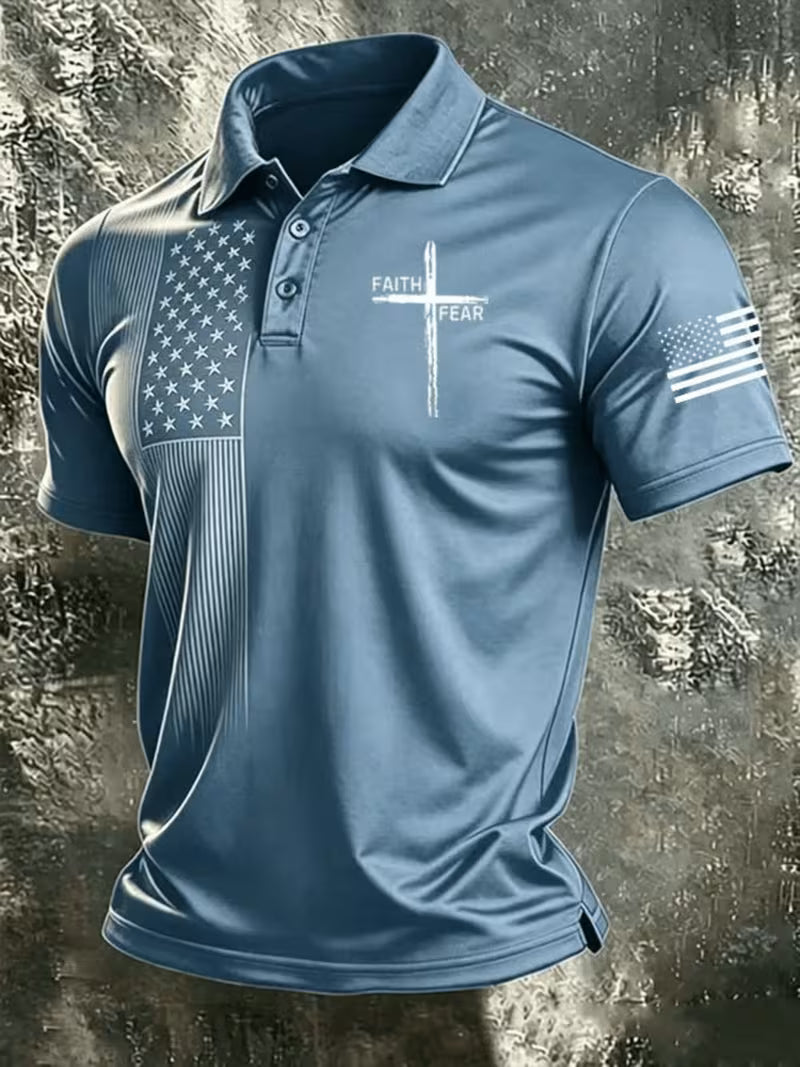 Men's Polo Shirt with faith Cross and flag sleeve