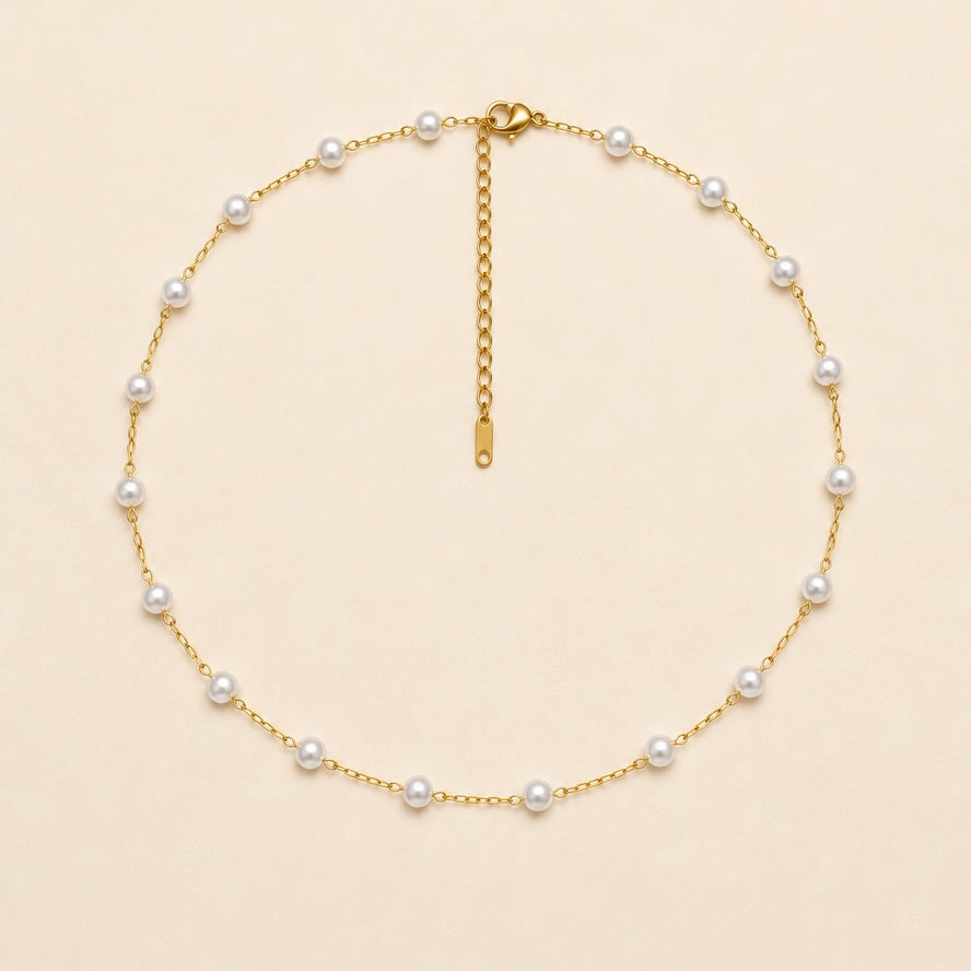 Titanium Steel Non-Tarnish Pearl Station Necklace