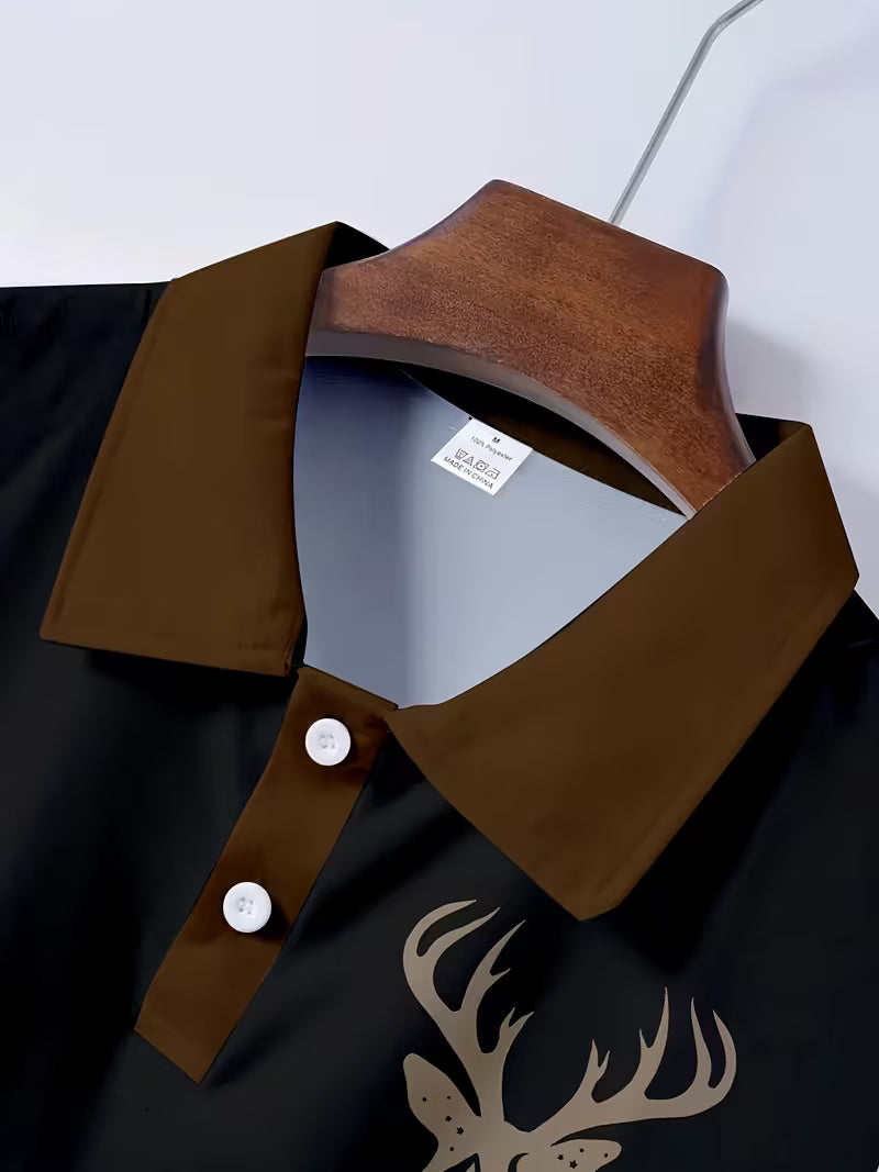 Men's Deer Head Print Camouflage Patchwork Polo Shirt