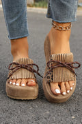 Leopard Faux Suede Slashed Lace-Up Detail Platform Slippers