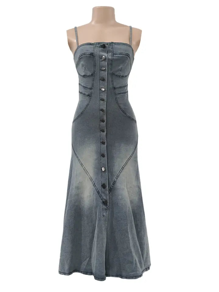 Vintage Denim Slim Slip Buttoned Dress