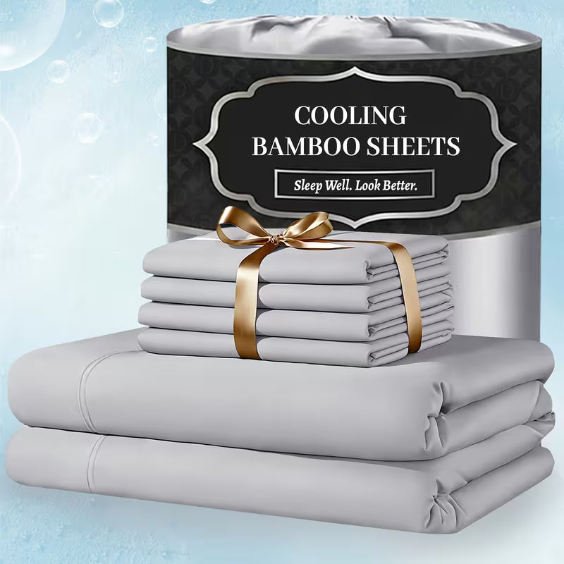 Extra Deep Pocket Bamboo Sheets - 4/6pcs Breathable & Cooling Bamboo Bed Sheet Set, Hotel Luxury Fitted Sheet Set, Soft Wrinkle-Free for Extra Deep Mattresses, Room Decor, Twin/Full/Queen/King Size Sheet & Pillowcase Sets