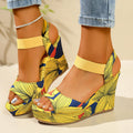 Women's Printed Platform Wedge Sandals with Elastic Ankle Strap