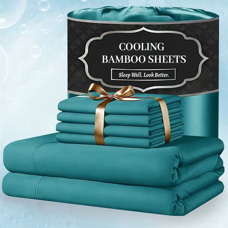 Extra Deep Pocket Bamboo Sheets - 4/6pcs Breathable & Cooling Bamboo Bed Sheet Set, Hotel Luxury Fitted Sheet Set, Soft Wrinkle-Free for Extra Deep Mattresses, Room Decor, Twin/Full/Queen/King Size Sheet & Pillowcase Sets