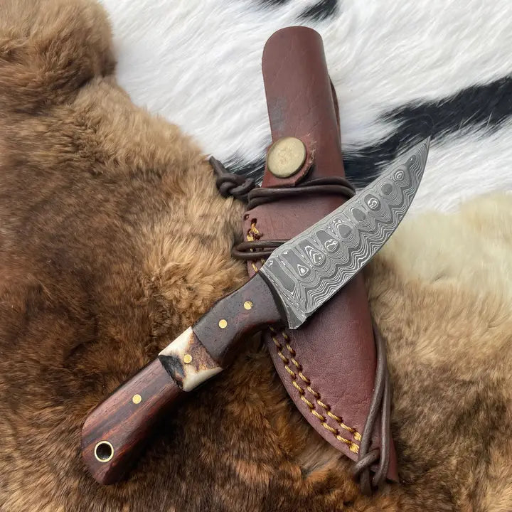 Introducing the Titan TK-060 Damascus Steel Skinner Knife with Rosewood & Stag Grip
