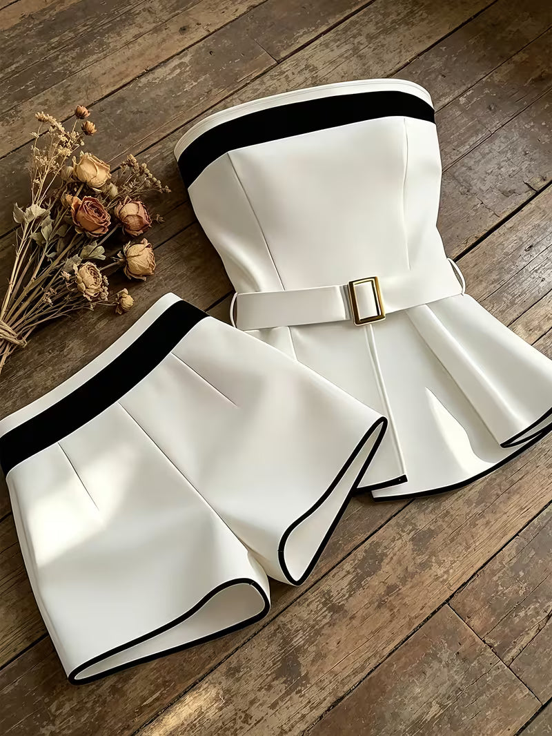 2pcs Black And White Elegant Bandeau Top And Shorts Set