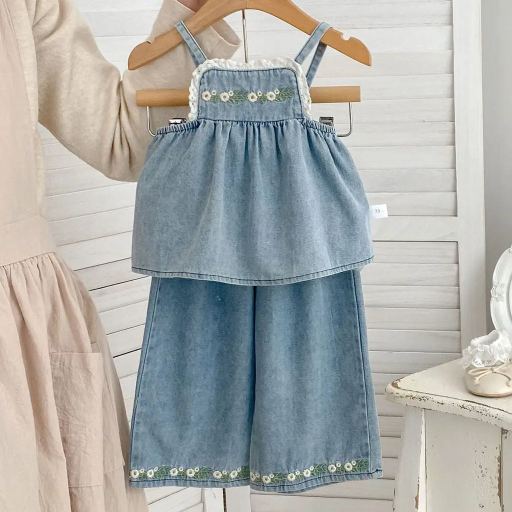 Summer Baby Kids Girls Flowers Pattern Embroidered Sleeveless Top and Pants Denim Clothing