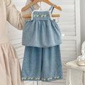 Summer Baby Kids Girls Flowers Pattern Embroidered Sleeveless Top and Pants Denim Clothing