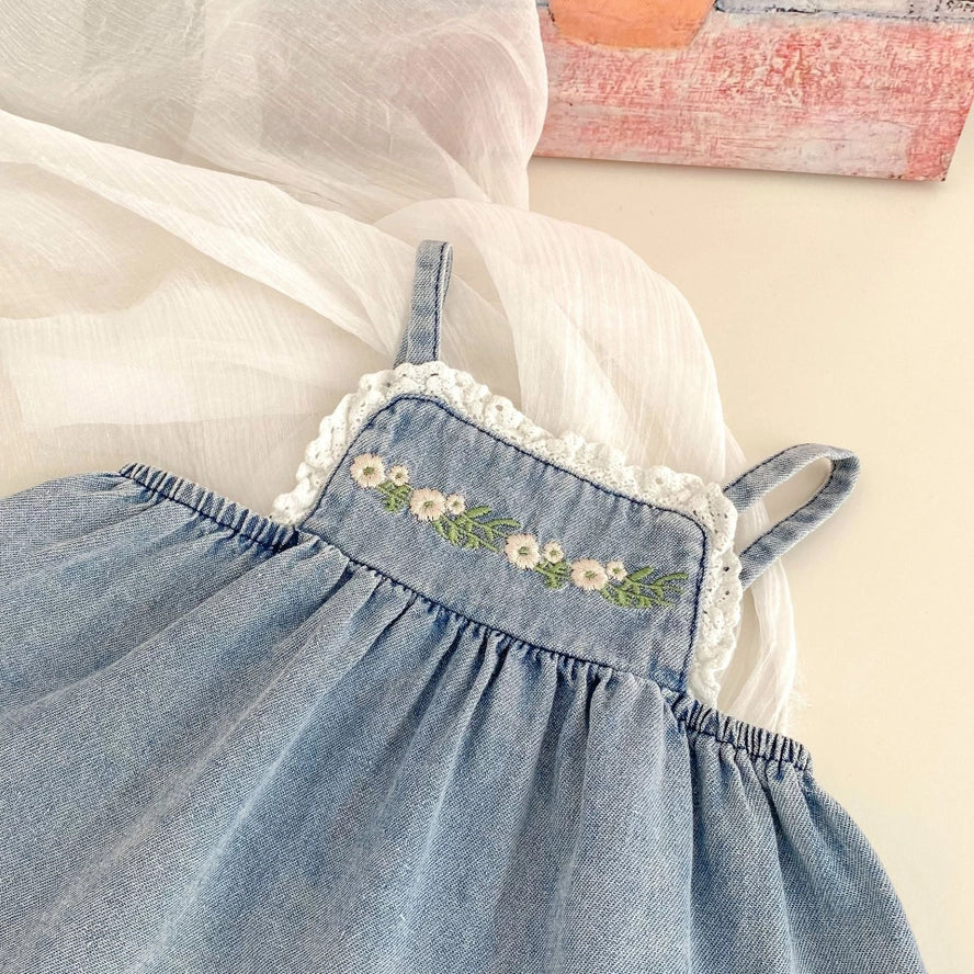 Summer Baby Kids Girls Flowers Pattern Embroidered Sleeveless Top and Pants Denim Clothing